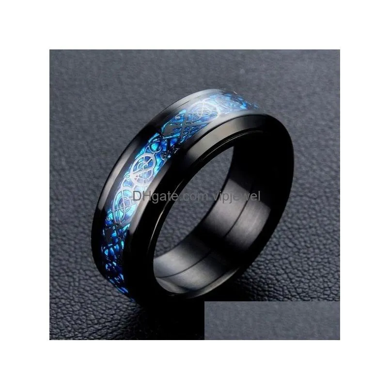 punk dragon pattern band rings for men inlay comfort fit stainless steel wedding ring wide 8mm