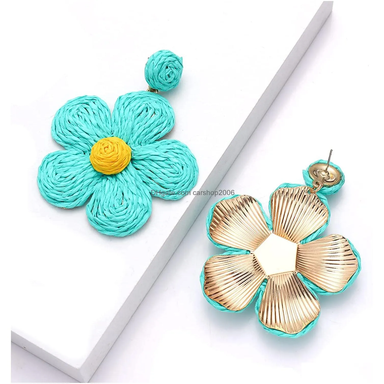 raffia flower earring stud for women girls boho handmade woven straw rattan drop geometric dangle summer beach ear jewelry