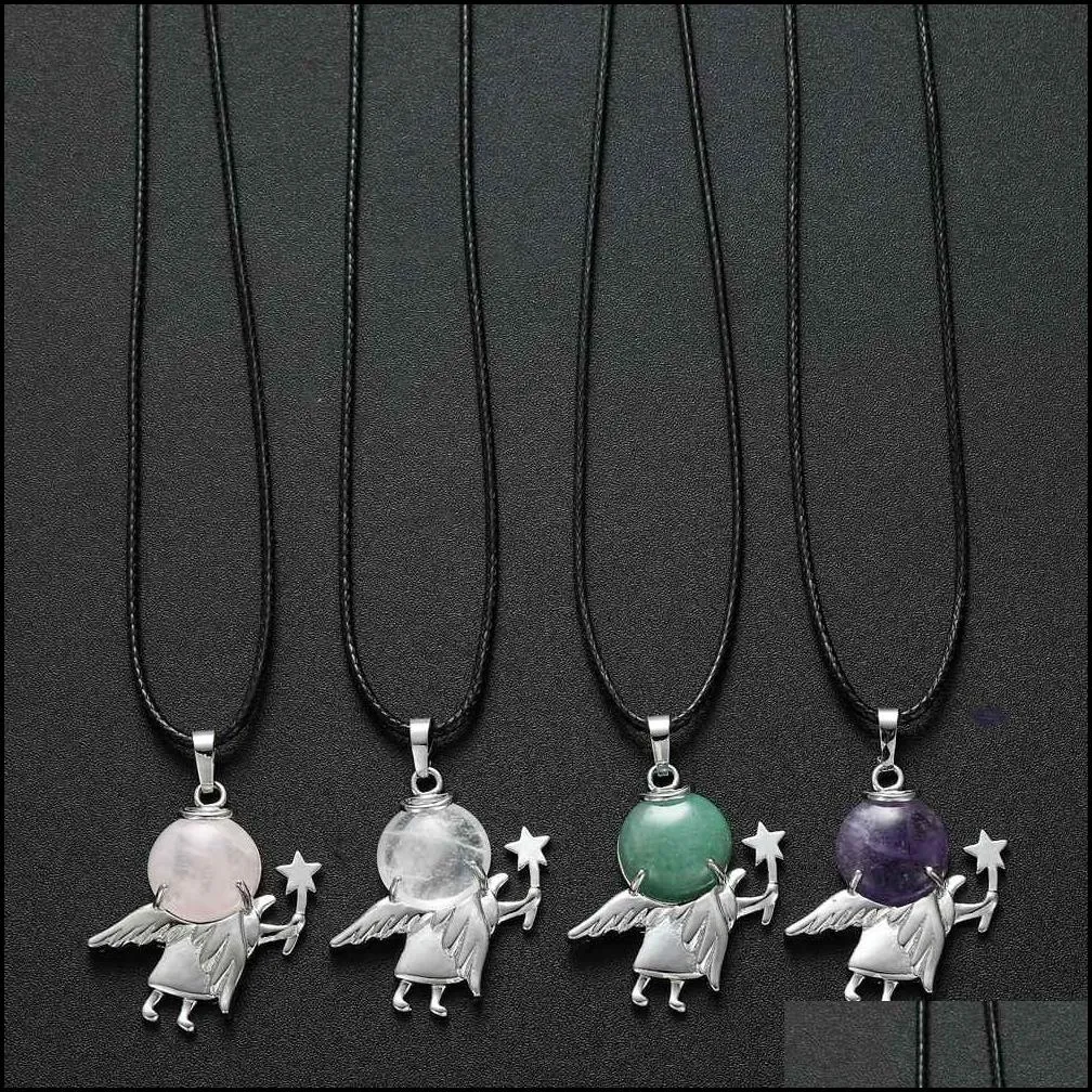 12pcs natural stone fairy spirit pendant necklace trends dancer angel angle wings crystal pendants jewelry chocker 18 leather cord