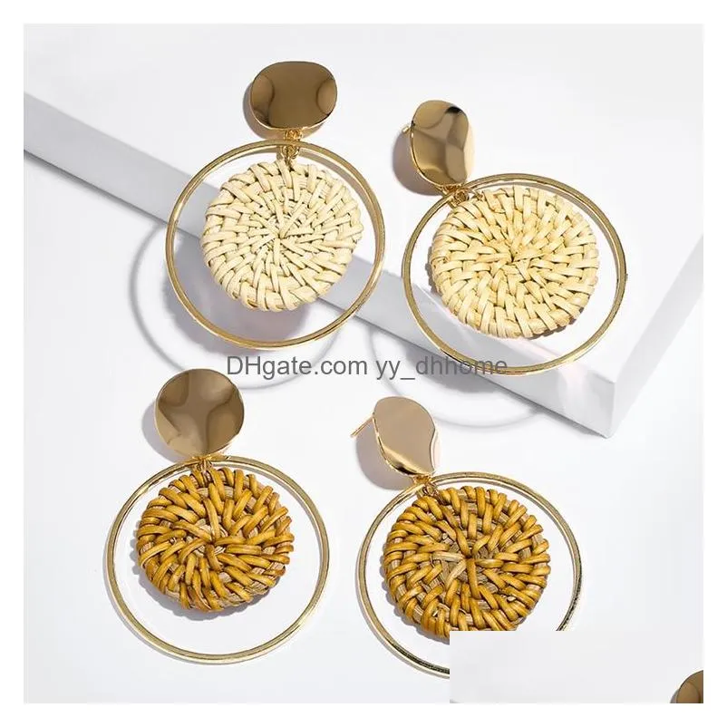 womens dangle chandelier rattan earrings girls handmade bamboo woven pendant type lightweight geometric pattern