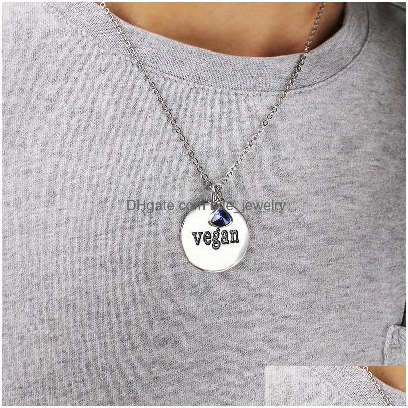 fashion vegan necklace with crystal pendant for women men stainless steel round vegetarian symbol lifestyle jewelry gift