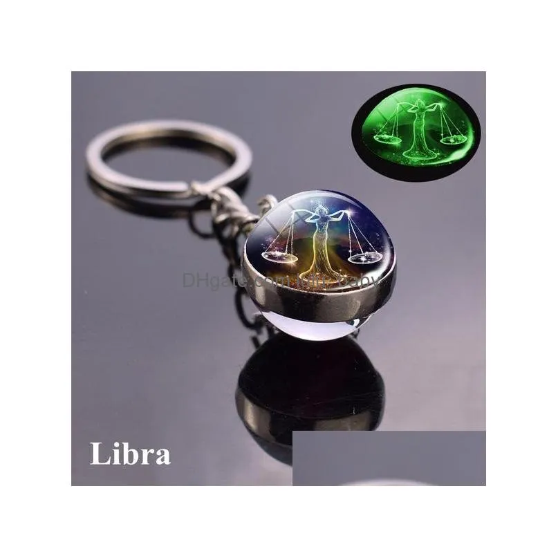 12 constellation luminous keychains glass ball pendant zodiac keychain glow in the dark key chain holder men women birthday gift