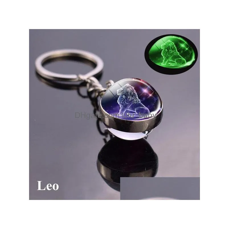 12 constellation luminous keychains glass ball pendant zodiac keychain glow in the dark key chain holder men women birthday gift