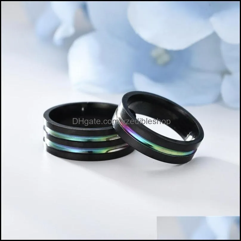 stainless steel rainbow ring black groove mens women rings fashion jewelry 080524