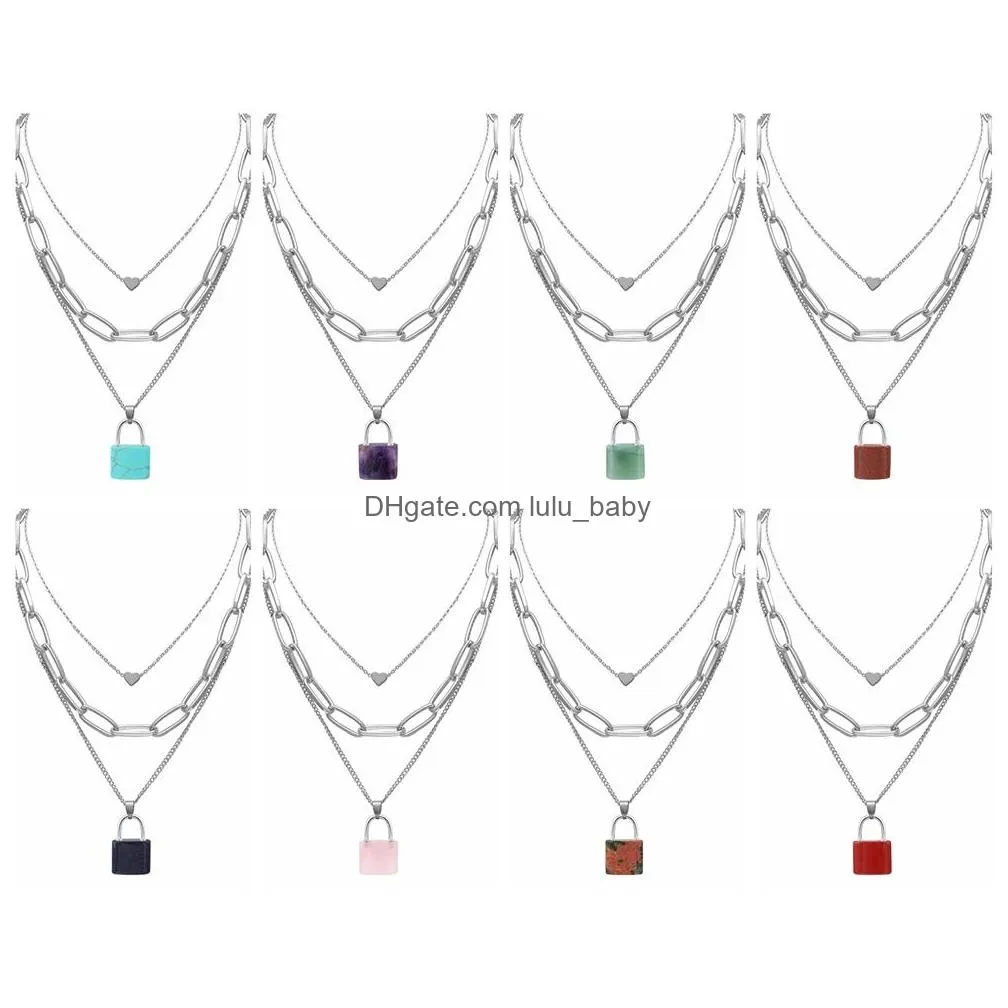 multi layered gemstone lock pendant necklace chunky punk silver chain choker cuban link statement jewelry for women and girls