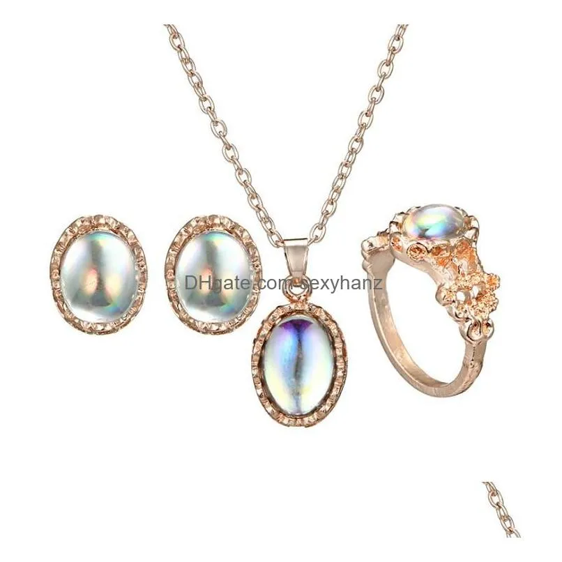 3pcs elegant transparent gemstone pendant necklaces earrings rings set combination jewelry gift for girlfriend mom