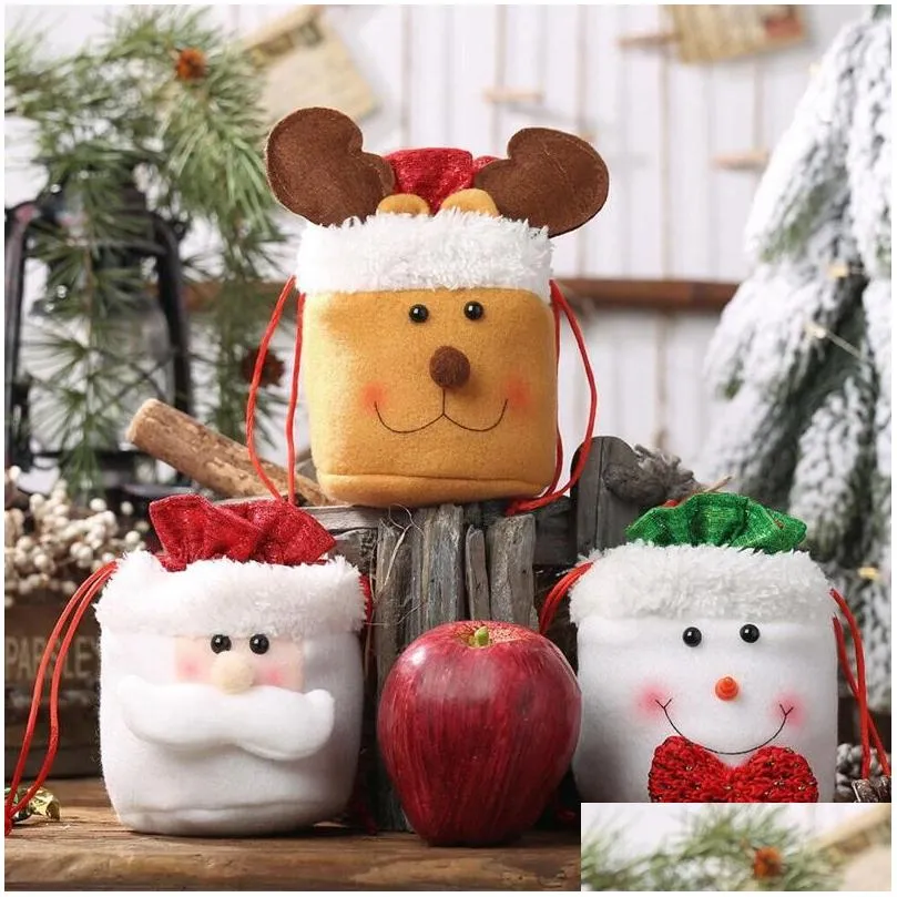 christmas decorations 3pcs candy bags gift treat for favors xmas jute linen burlap drawstring bag stock o0a1
