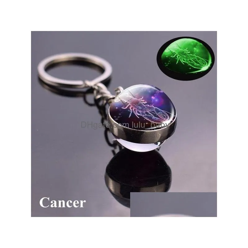 12 constellation luminous keychains glass ball pendant zodiac keychain glow in the dark key chain holder men women birthday gift