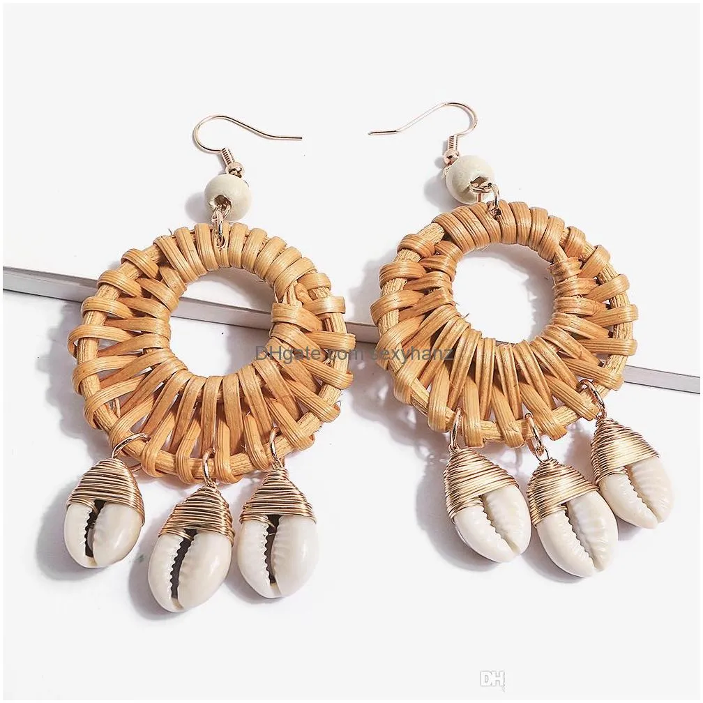 rattan shell earrings handmade straw wicker woven pendant bohemian shell chandelier statement ladies girl charm earrings