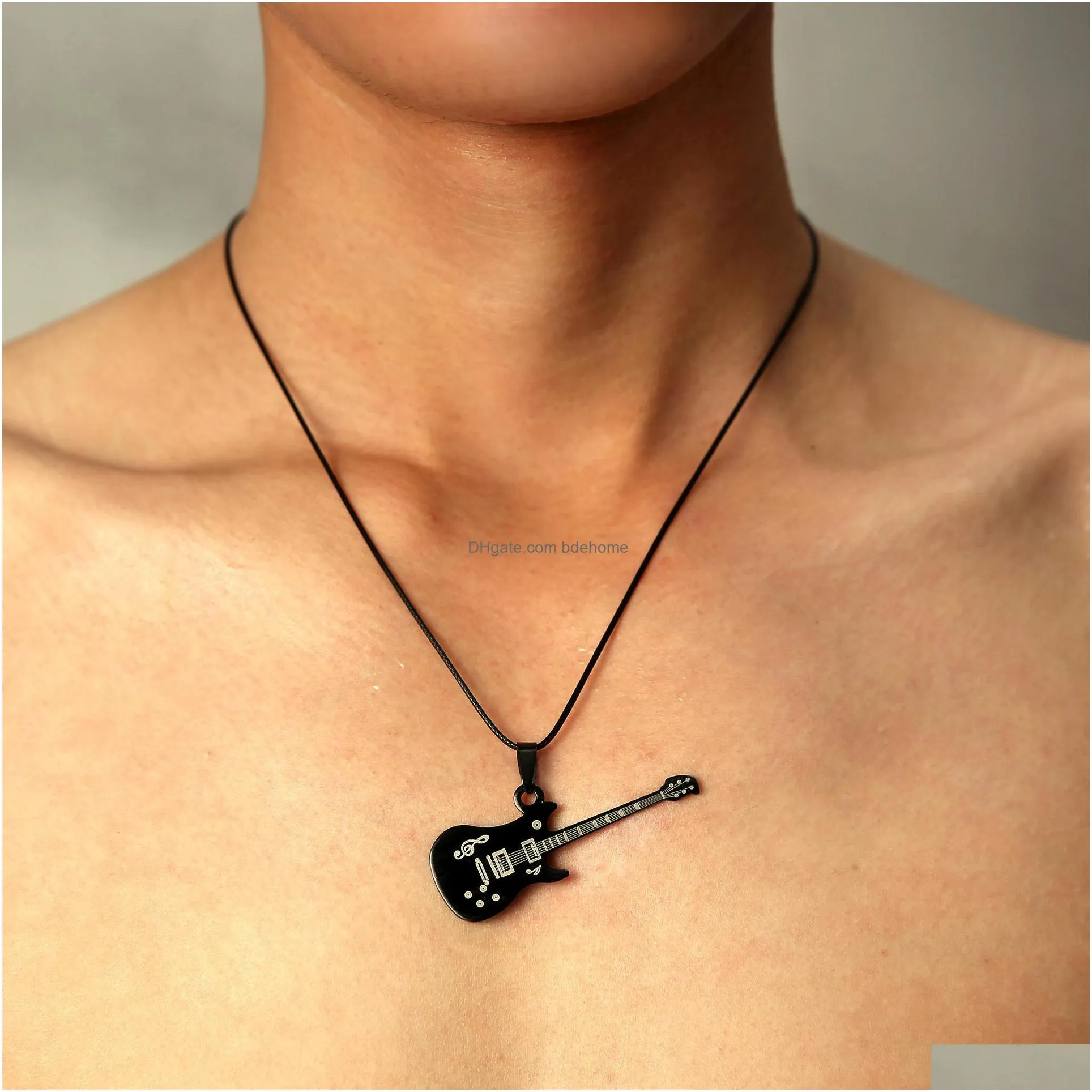 fashion 316l stainless steel guitar necklace for men pendants leather chain man necklaces