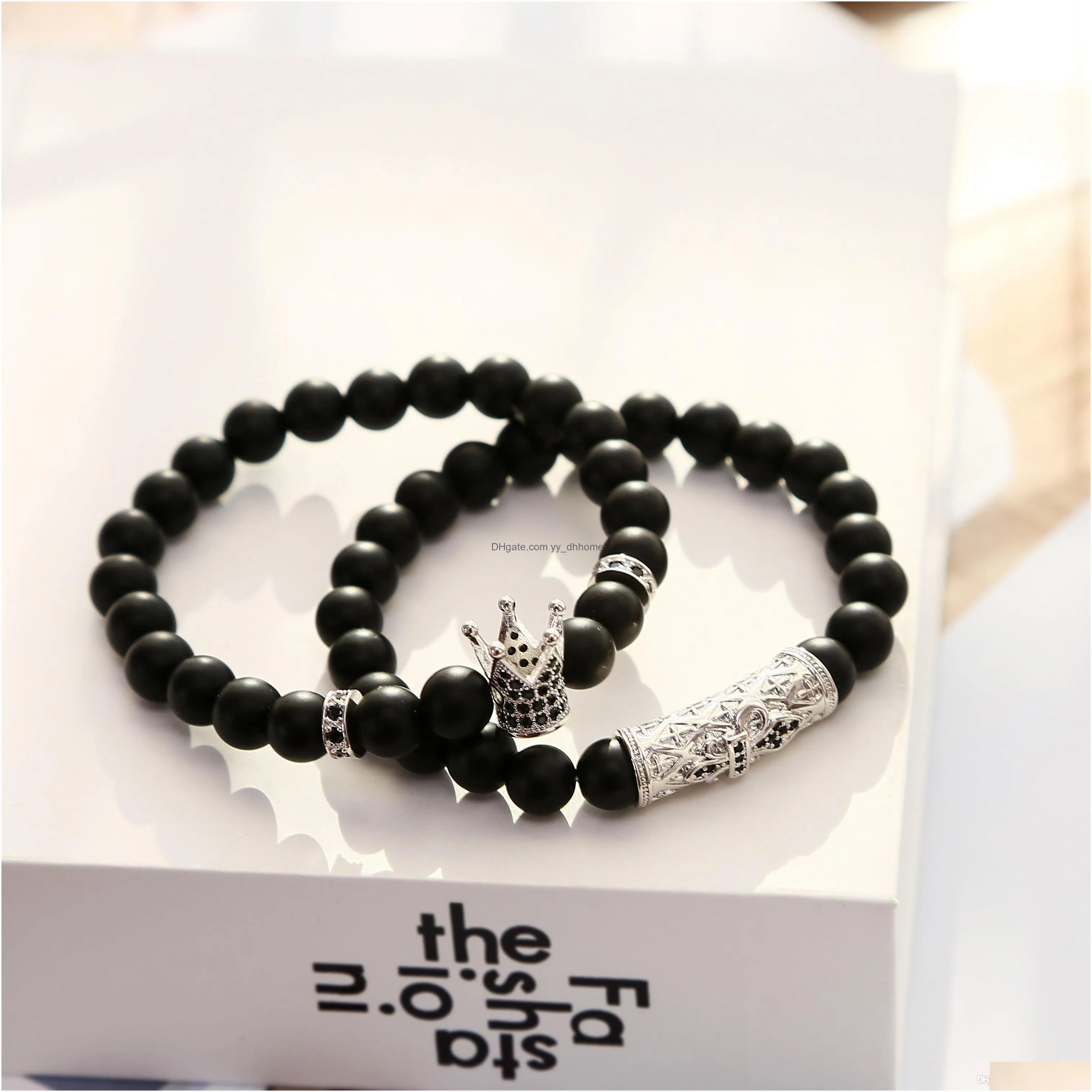 2 suit bracelets matte black agate 8mm crown men and women fashion personality lovers friendship bracelet