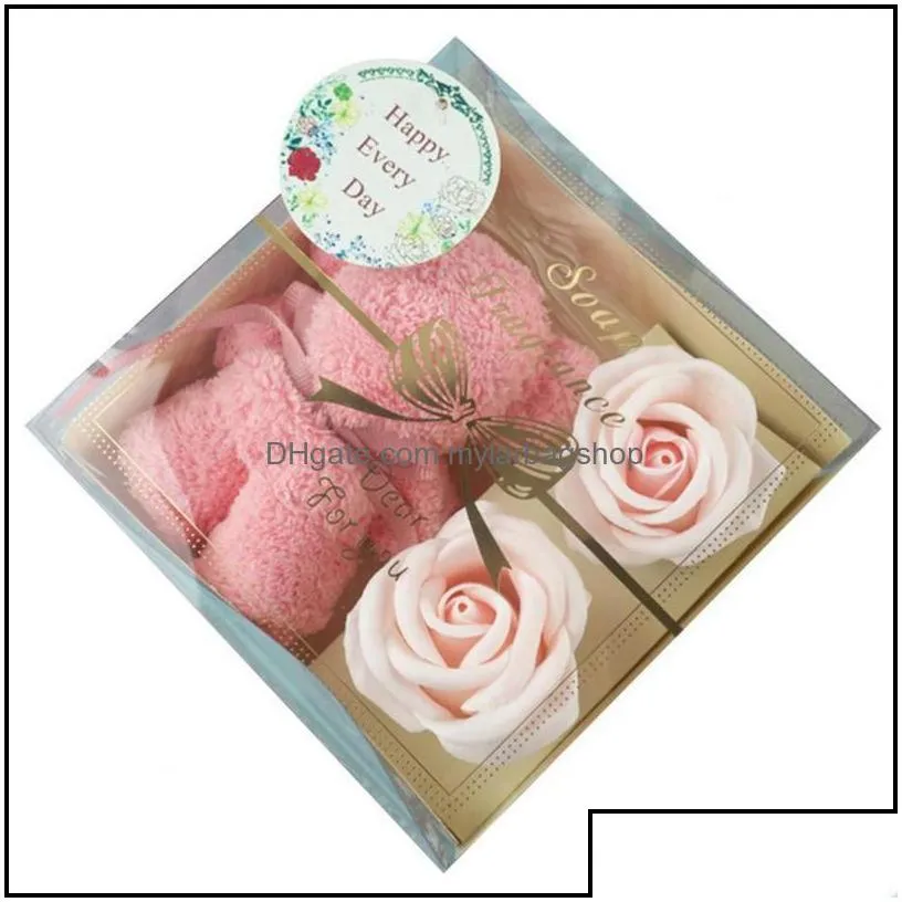 party favor event supplies festive home garden 1 box soap flower scented cute bear coral fleece towel artificial for valentines day