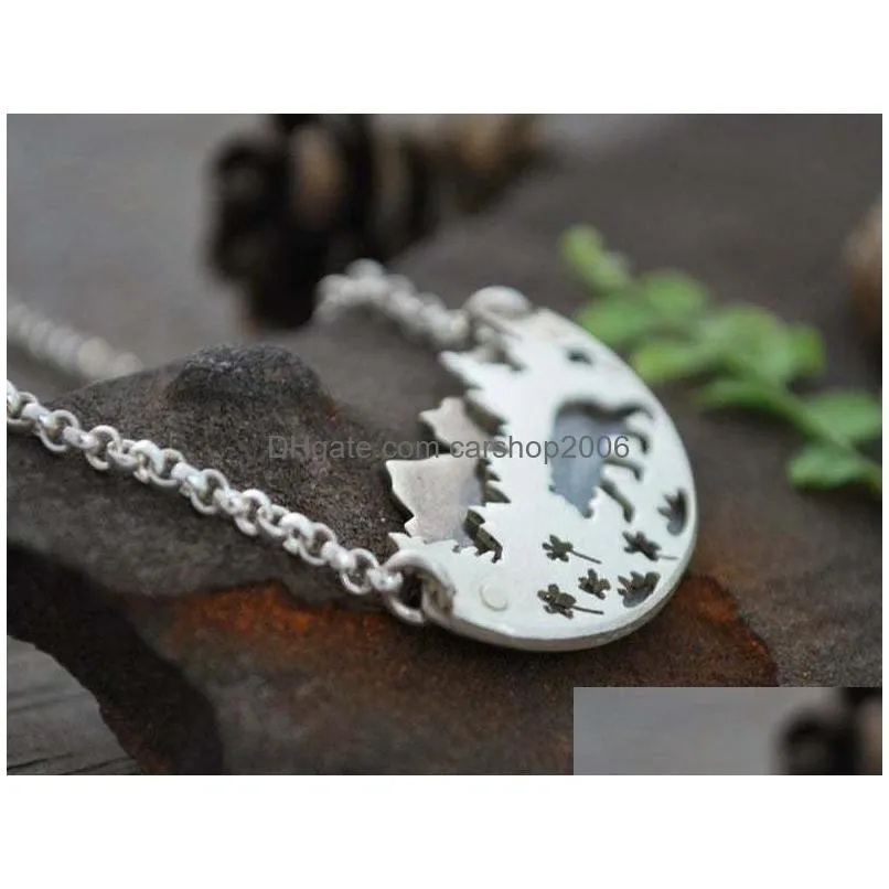 black bear in wildflower meadow pendant necklace trees charm necklaces for women female fashion wedding jewelry accessories