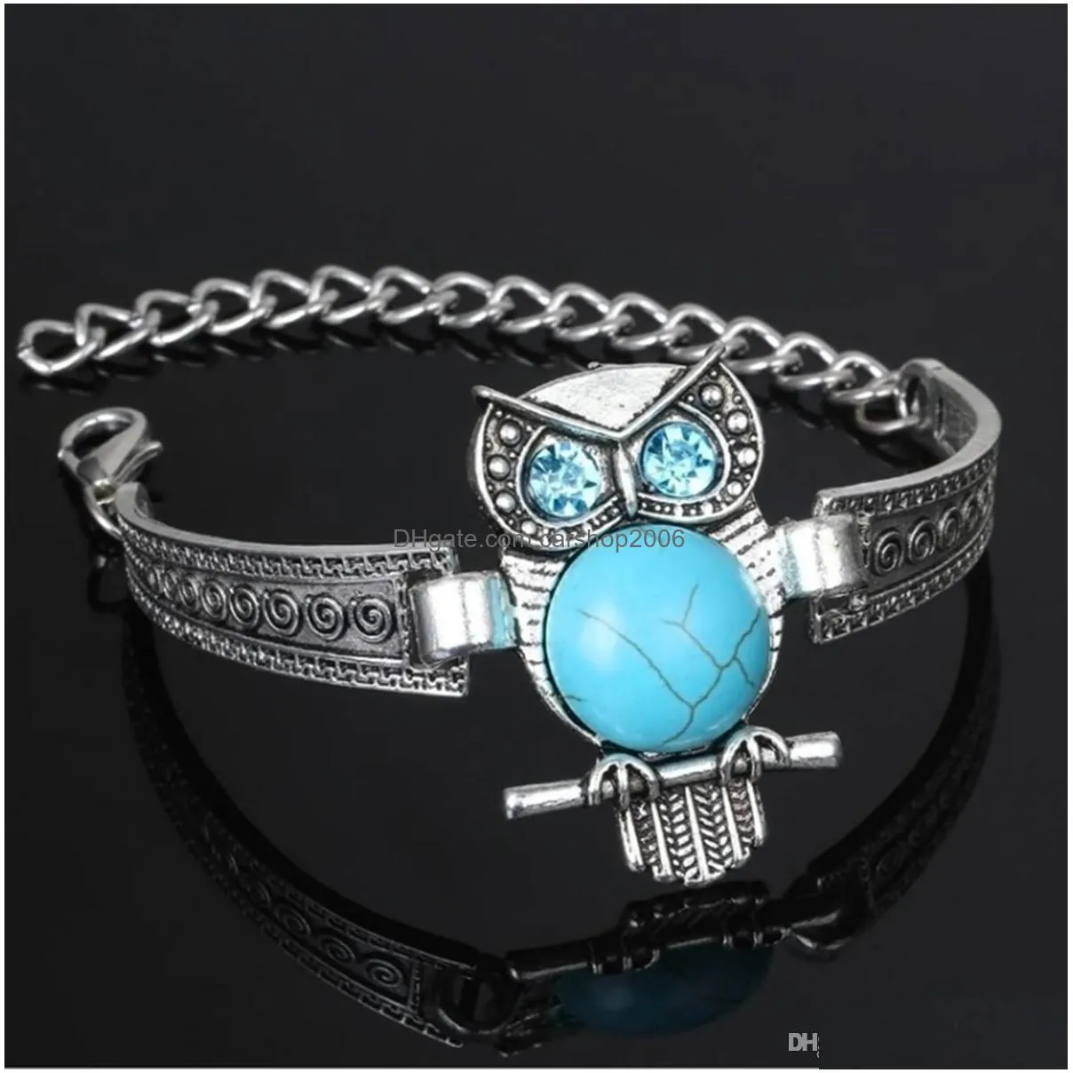 european and american retro bracelet female owl loose stone diamond antique silver national wind carved wrist jewelry fashion