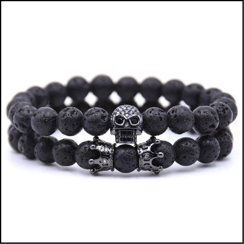 10pc/set lava stone skeleton bracelet beads bracelet for men women with cubic zircon double crown natural stone handmade jewelry