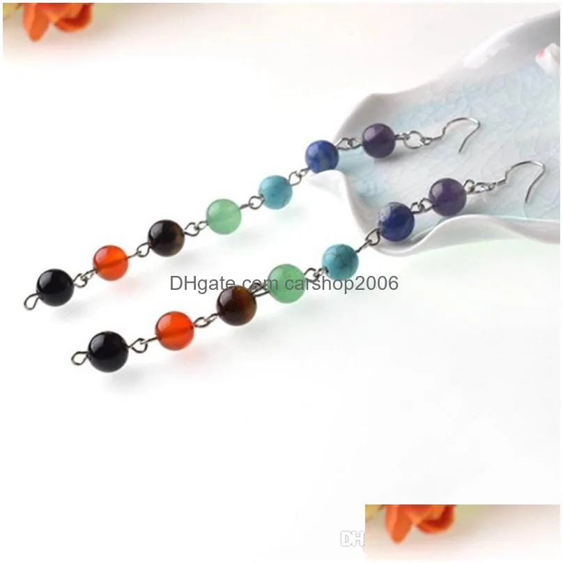 7 chakra healing crystal earrings stone aura ear hook ear beads long section send pure silver ear hook