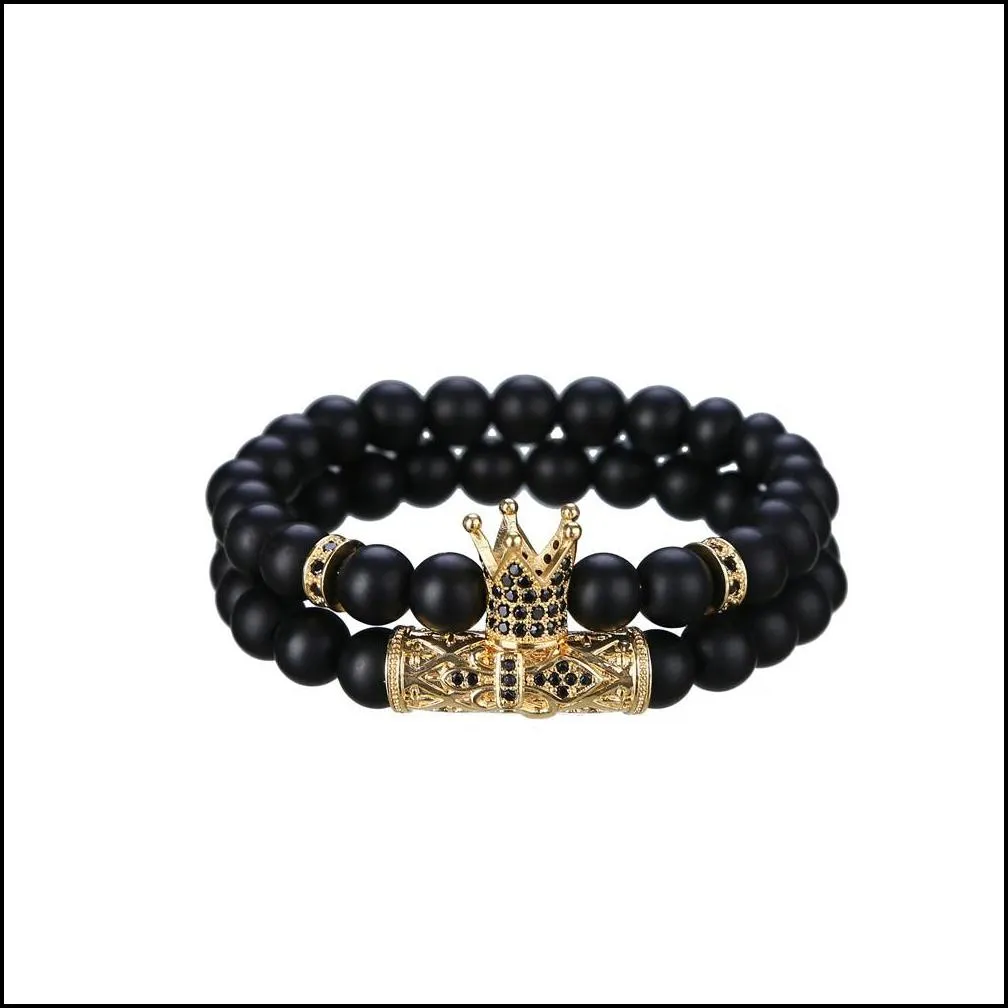 8mm beads bracelets black matte onyx stone bracelets sets charm king crown women men jewelry