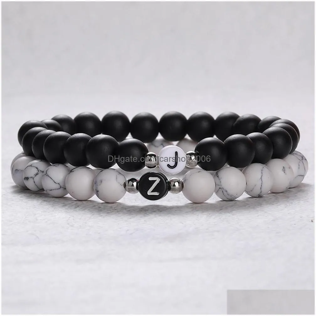 black white natural stone bead bracelet with 26 letters az diy friendship lucky bead bracelet couple kids family gift