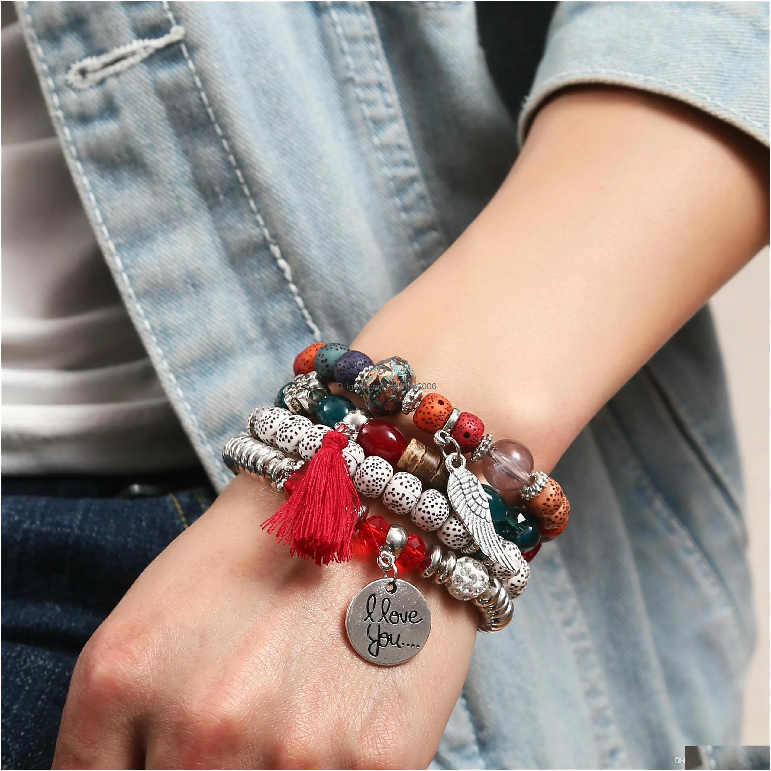 4 piece set of multilayer beaded bracelet men and women natural stone wrapped boho multicolor elastic beads stackable tassel charm