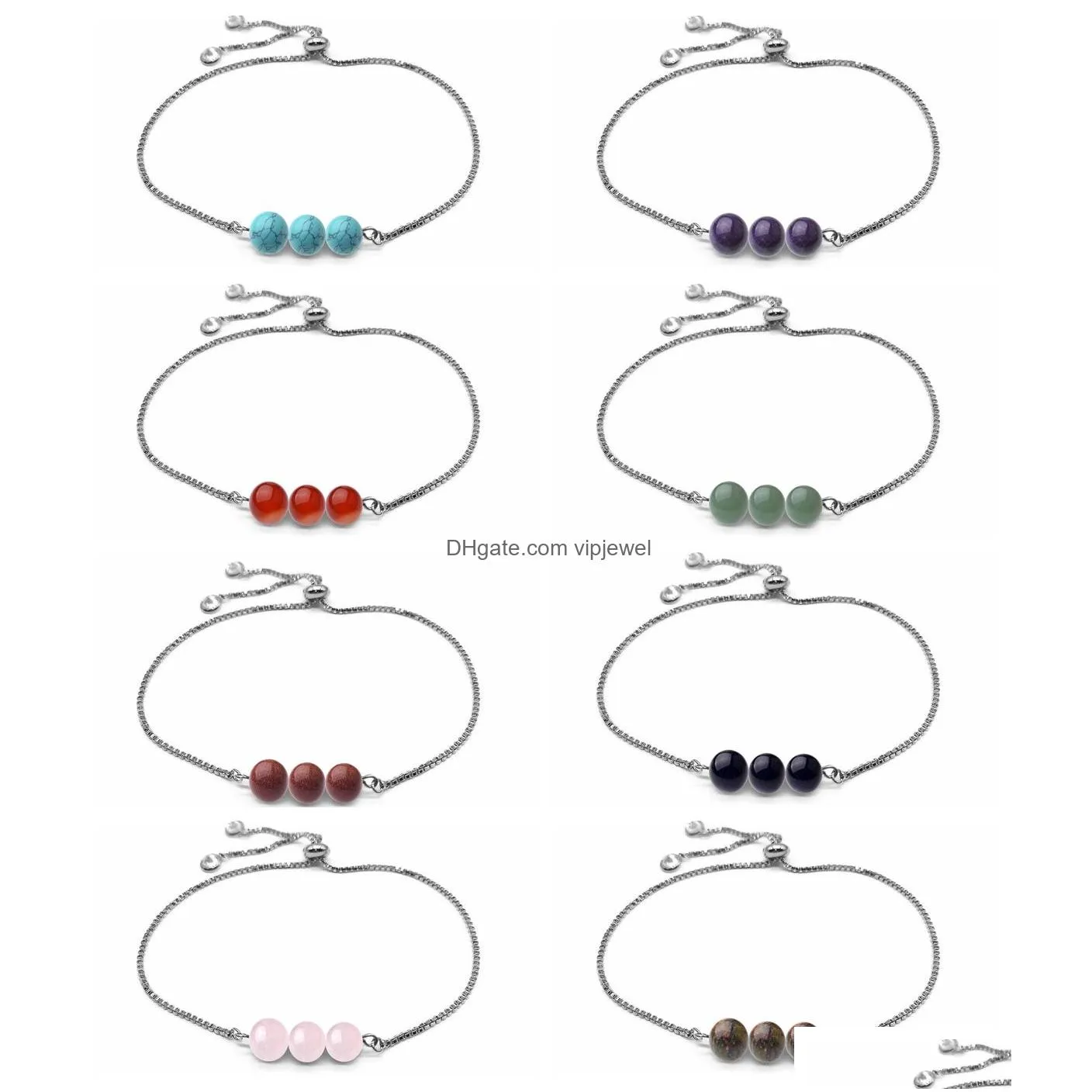 silver chain healing crystal beaded bracelet wristbands 3pcs 8mm stone beads chakra gemstone cuff bangle anklet jewelry adjustable for men women teen