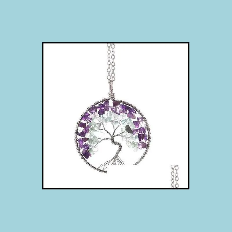qimoshi tree of life keychain natural crystal stone handmade diy keychain amethyst charm pendant necklace cheap wholesale