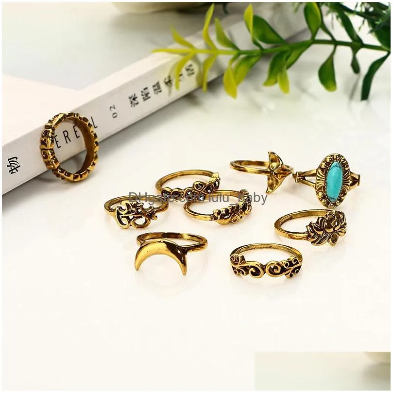 9 pieces set of personalized lady ring retro totem elephant turquoise lotus fish tail joint pattern casual party rings jewelry