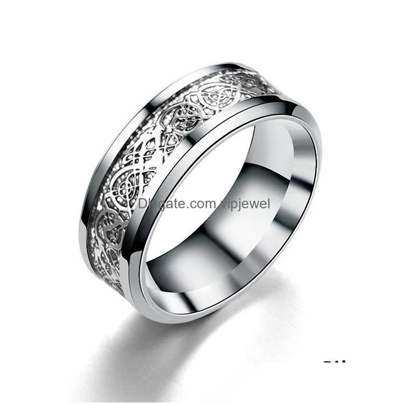 punk dragon pattern band rings for men inlay comfort fit stainless steel wedding ring wide 8mm