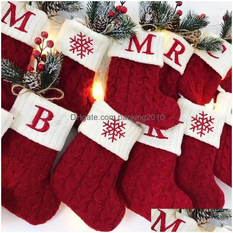 christmas decorations socks red snowflake alphabet letters knitting stocking tree ornaments decor for home xmas gift