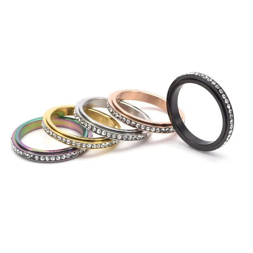 stainless steel spinner band rings for women 18k gold single row rhinestone ring fashion jewelry birthday gifts