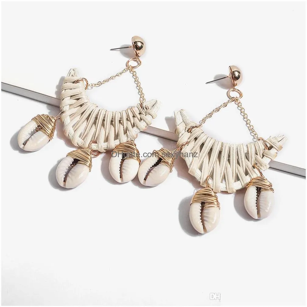 rattan shell earrings handmade straw wicker woven pendant bohemian shell chandelier statement ladies girl charm earrings