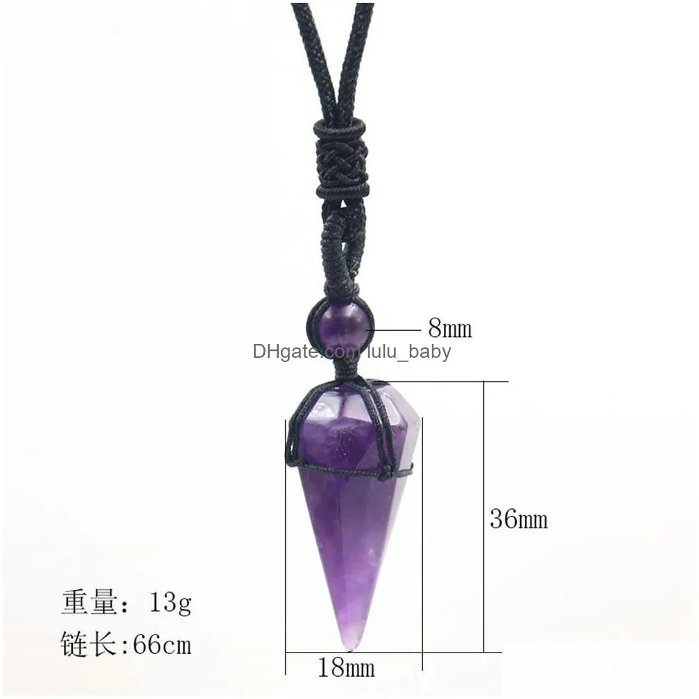 long chain hexagonal pointed reiki chakra pendants healing quartz crystal dowsing pendulums necklaces cord adjustable