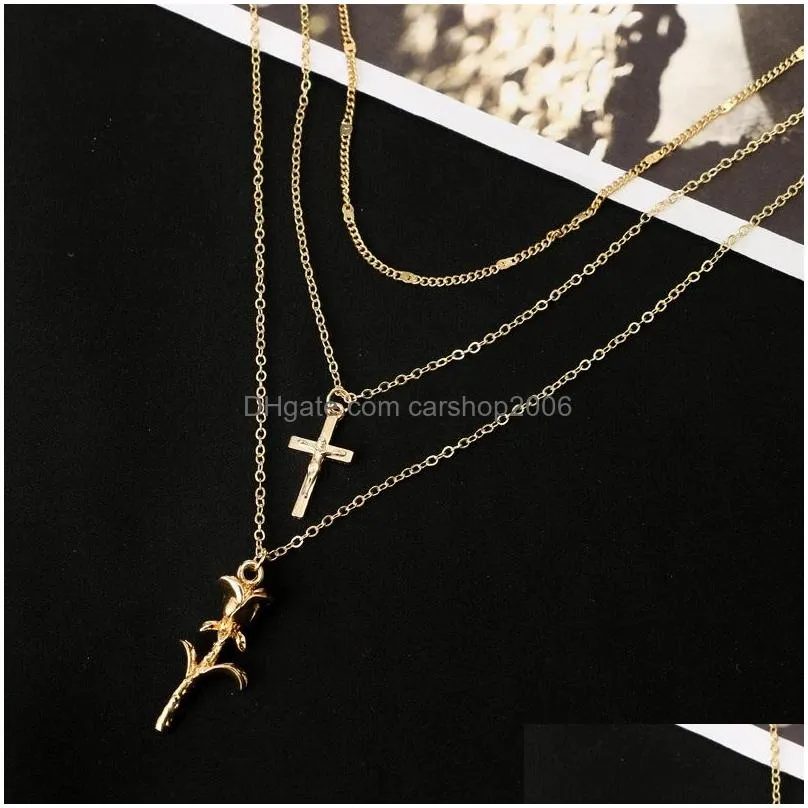 layered pendant for women girl gold silver handmade long cross chain chocker necklaces