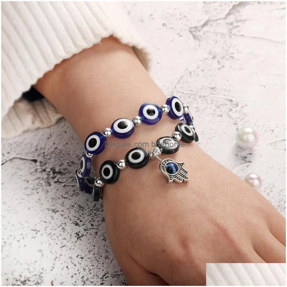 lucky fatima hamsa hand evil blue eye strand charm bracelets bangles beads turkish pulseras for women jewelry wholesale