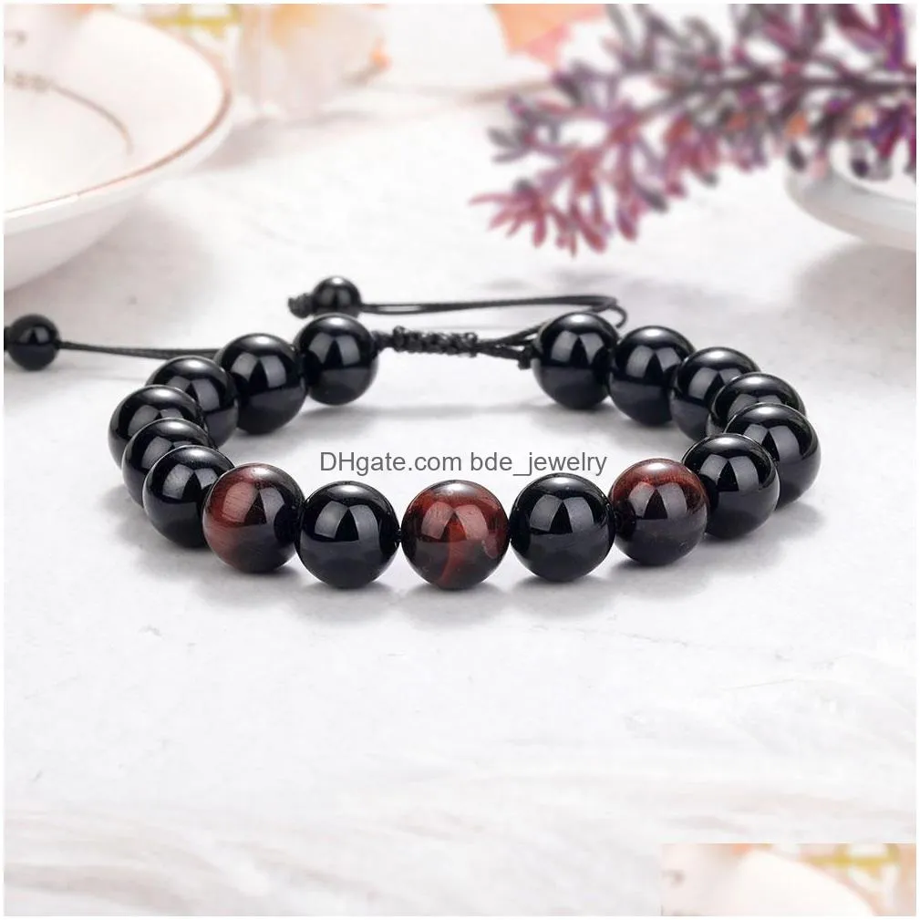  arrival tiger eye beaded strand bracelet for men women adjustable size 10mm lava stone black beads braided bracelets jewelry gift