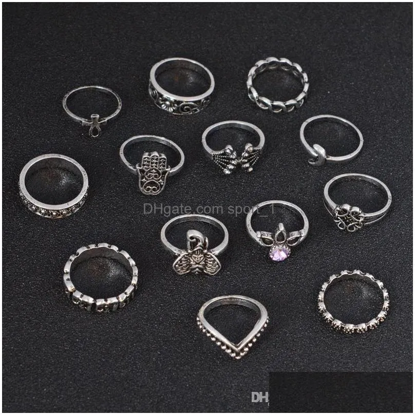 vintage gold and silver crown jewelry big palm elephant 13 piece set ring female knuckle sun and moon elephant fatima rhinestone joint