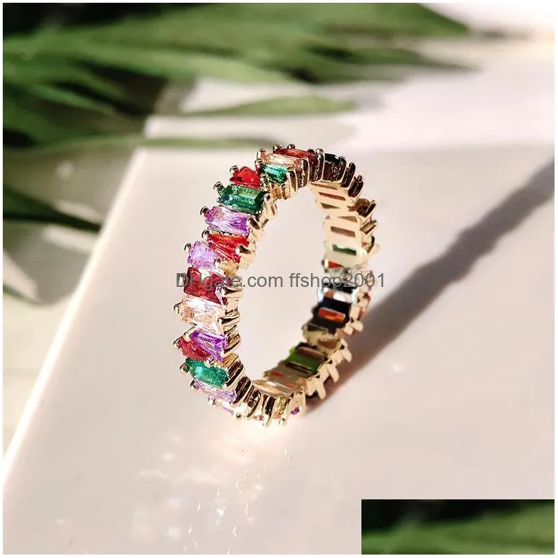 luxury colorful cubic zirconia ring for women shiny rectangle rainbow stone wedding finger rings gold color boho fashion jewelry