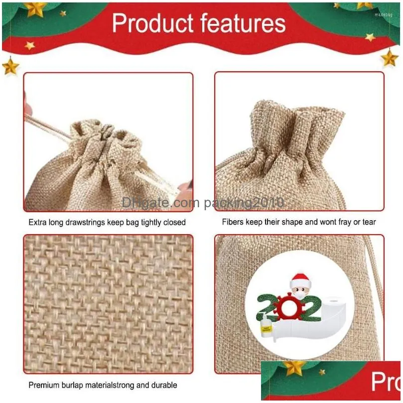 christmas decorations 16pcs/set linen holiday party drawstring gift bags candy pouch with sticker diy festival multifunction solid