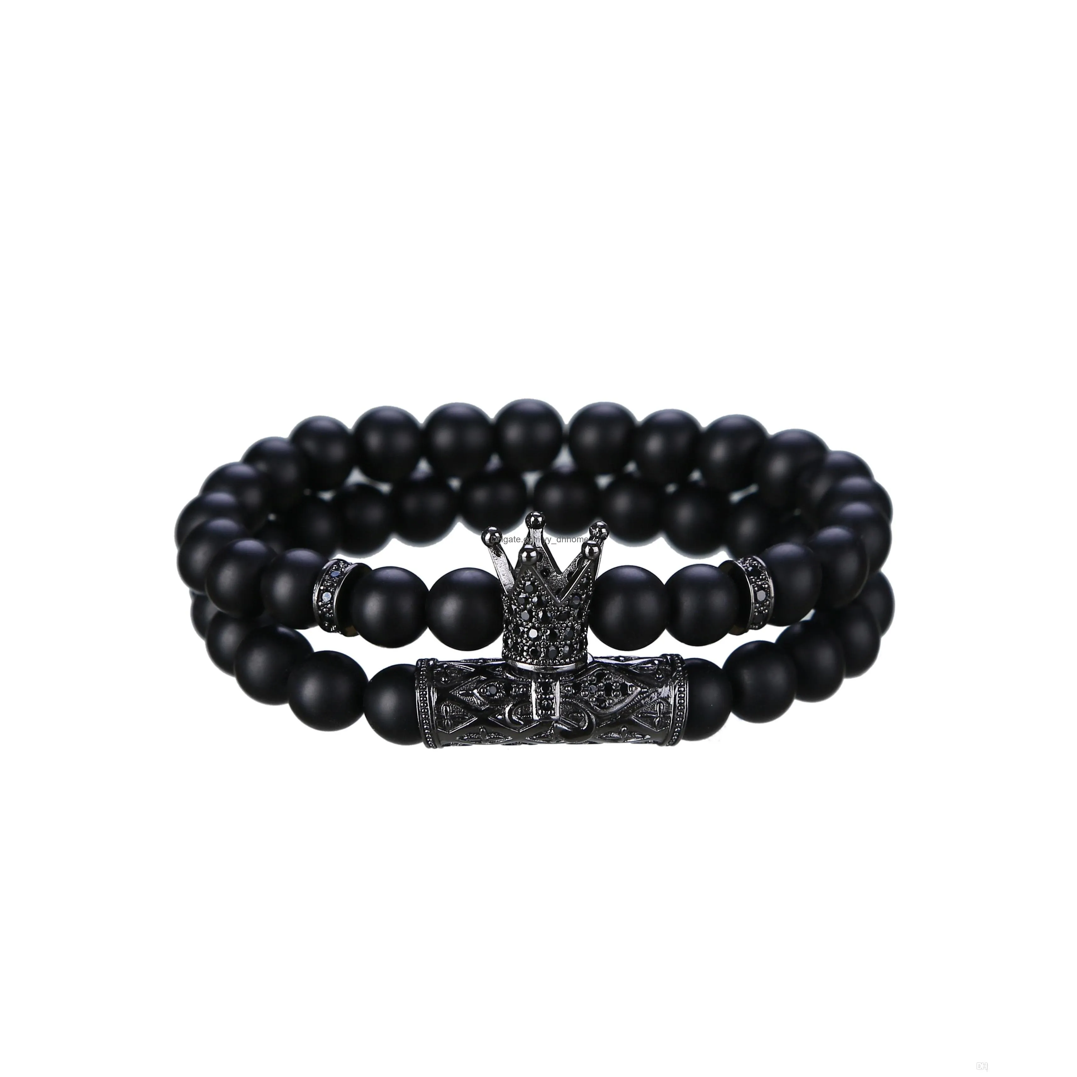 2 suit bracelets matte black agate 8mm crown men and women fashion personality lovers friendship bracelet