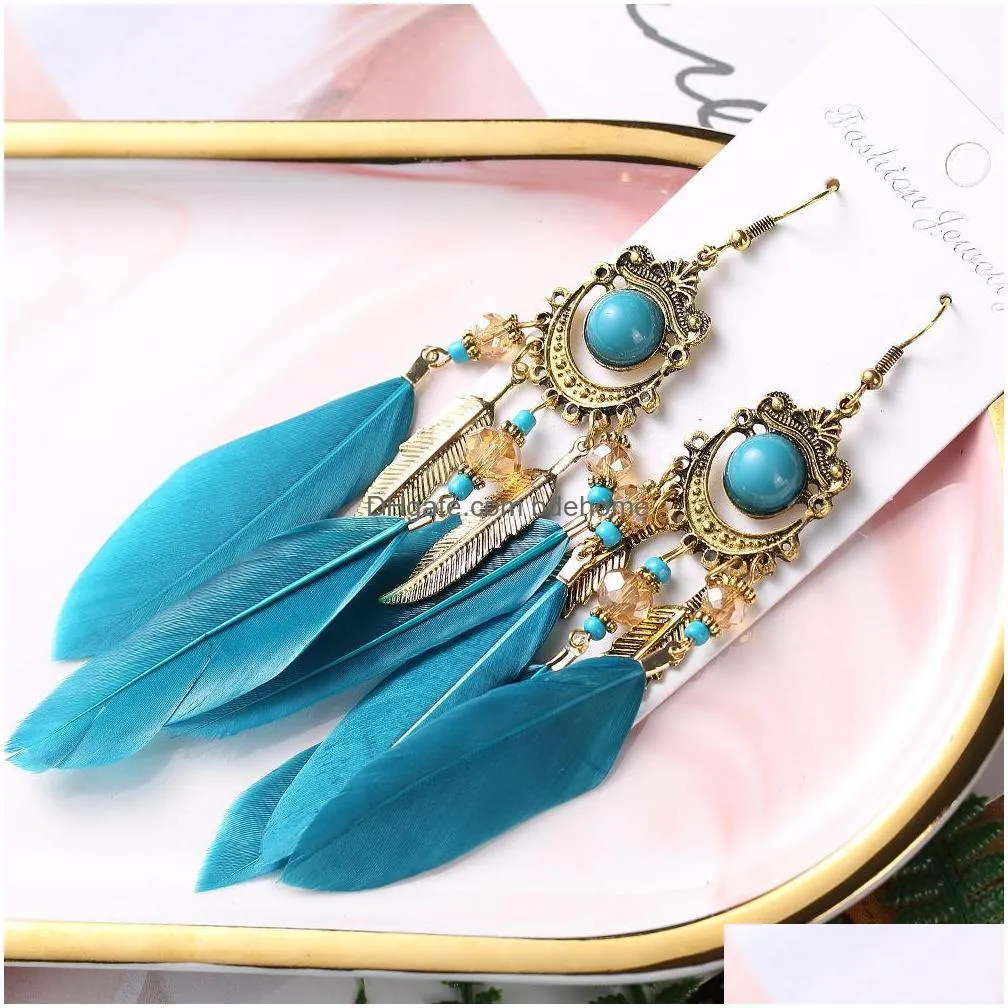 summer bohemian long feather dangle earrings for women beach chain tassel drop earring wedding bride jewelry oorbellen hangers