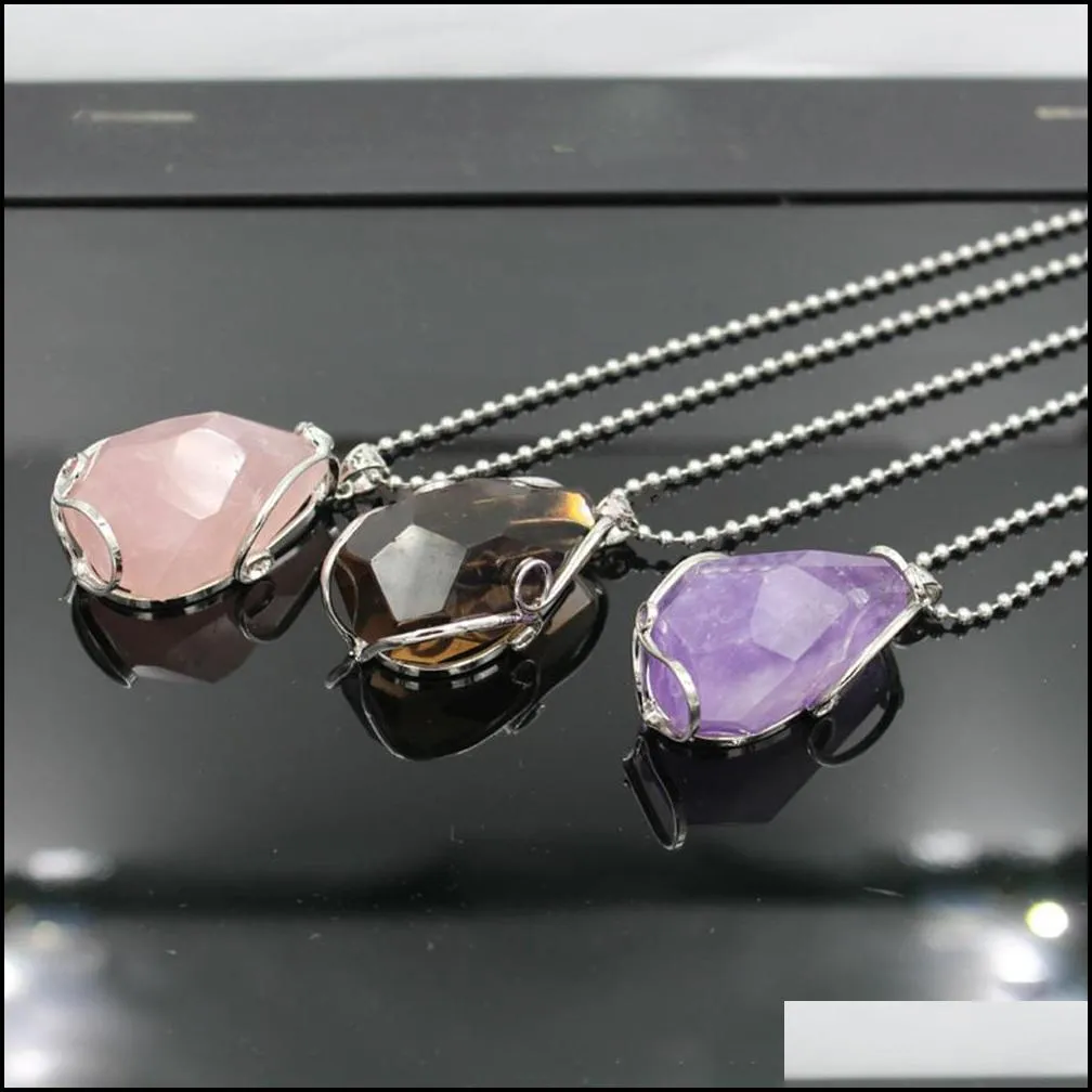 silver plated wire wrap irregular necklace cut gemstone healing energy natural crystal pendant necklaces amethyst powder tea