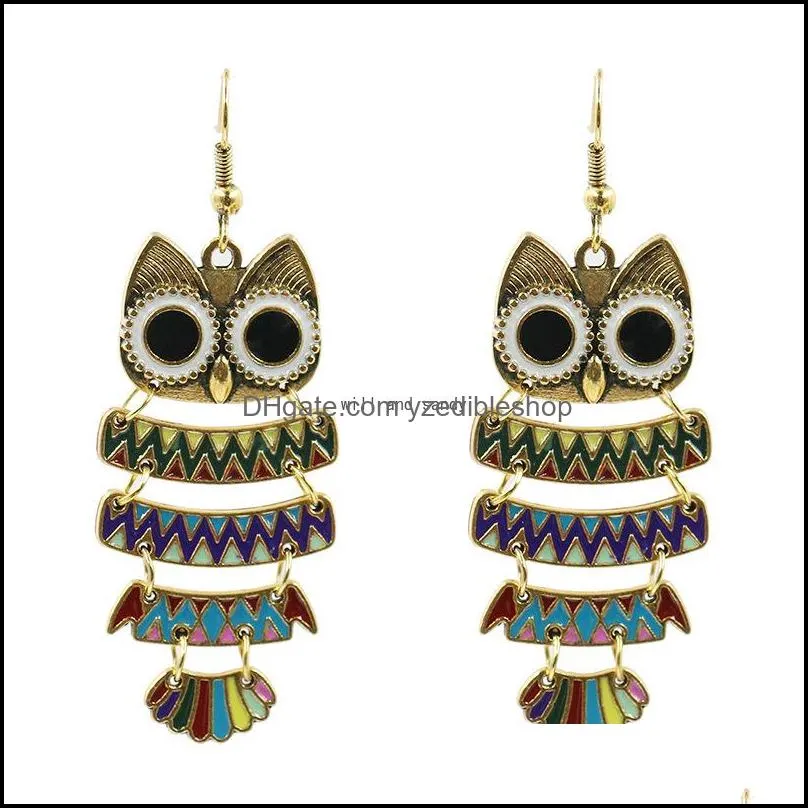 ancient bronze bird owl earrings enamel animal hook chandelier dangle earrings for women fashion jewelry