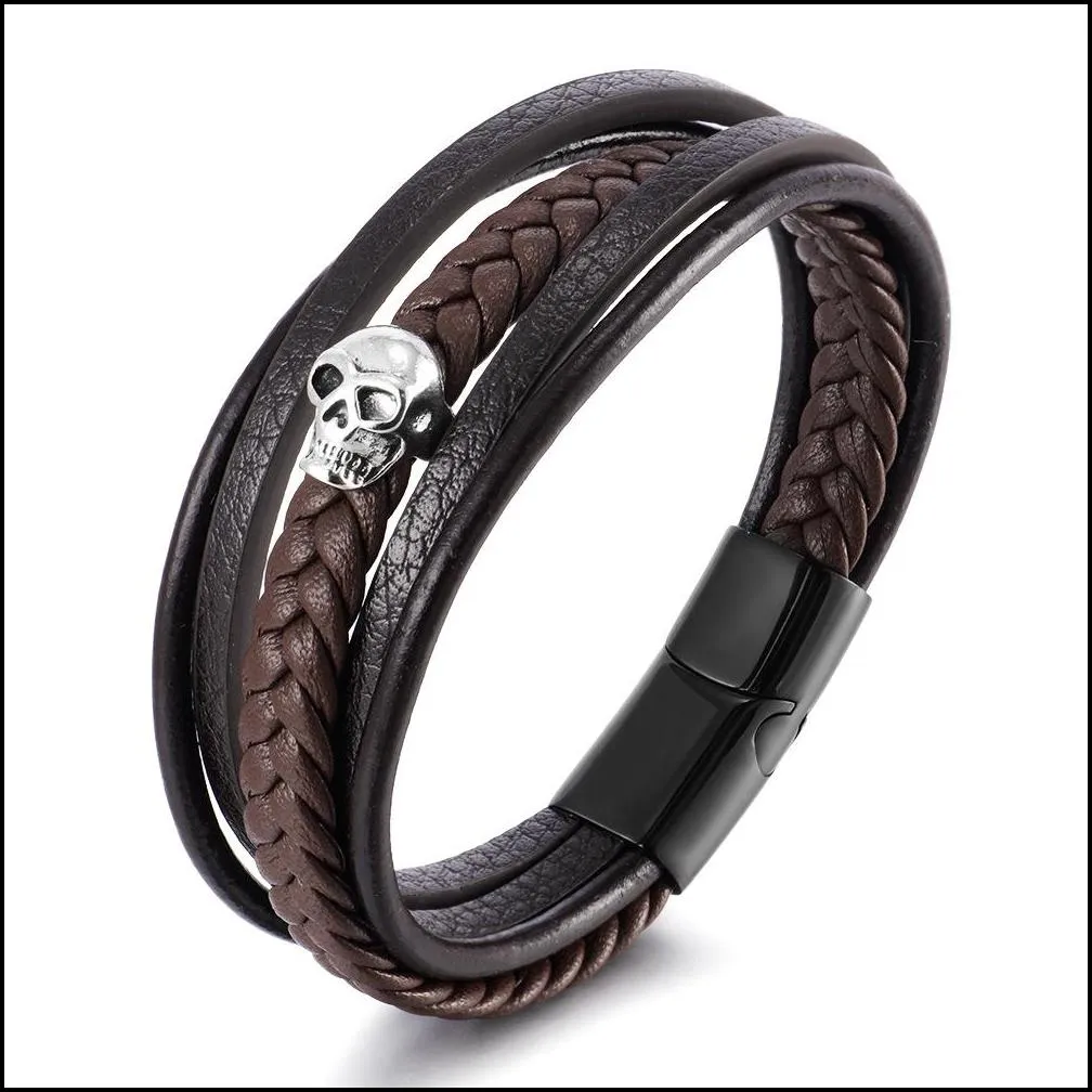 skull leather bracelet for men women skelton link chain genuine rope wristband bangle with stainless steel gothic punk jewelry magnetic