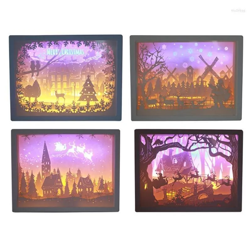 christmas decorations forest deer house papercut light box 3d paper carving shadow led night lamp plastic frame holiday party table