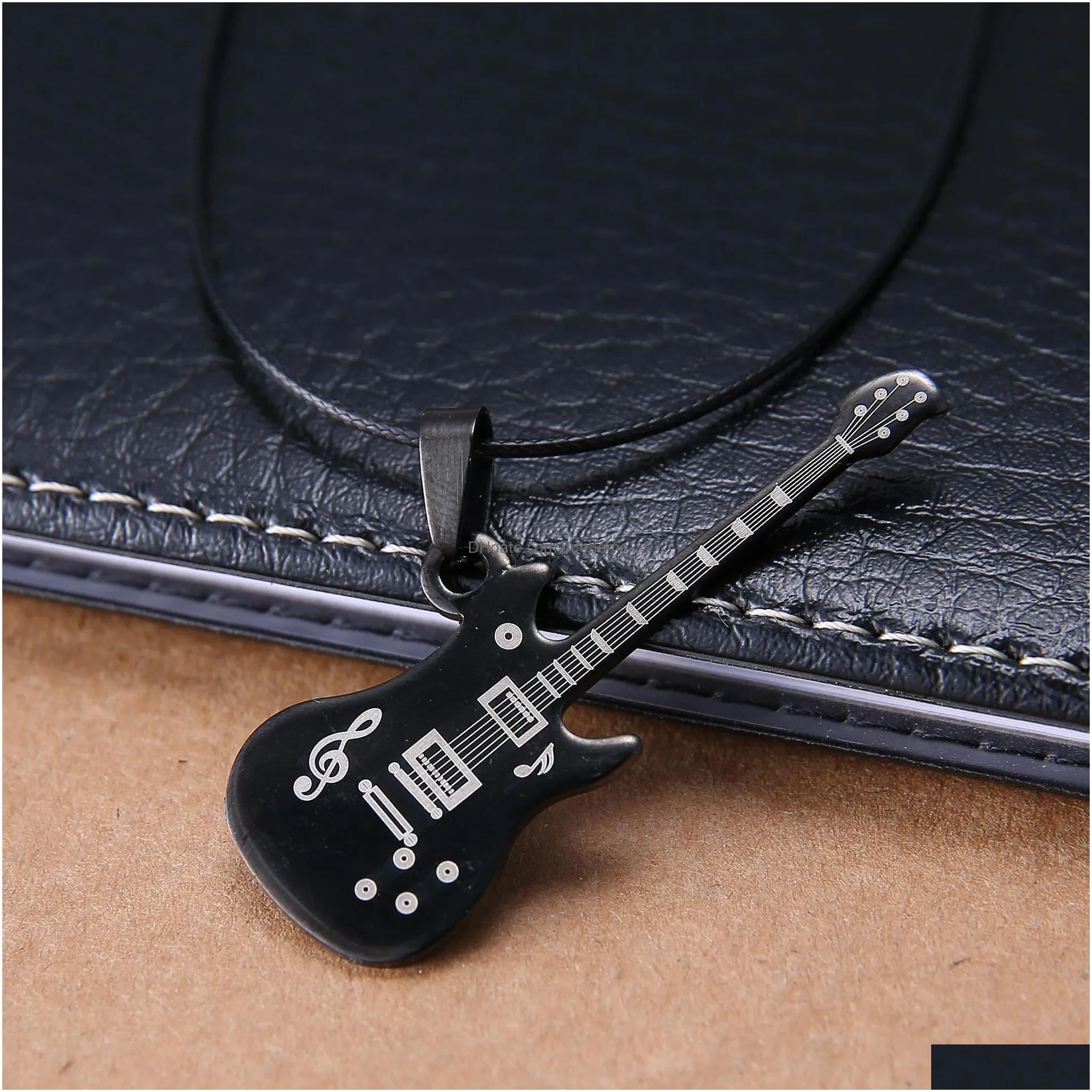 fashion 316l stainless steel guitar necklace for men pendants leather chain man necklaces