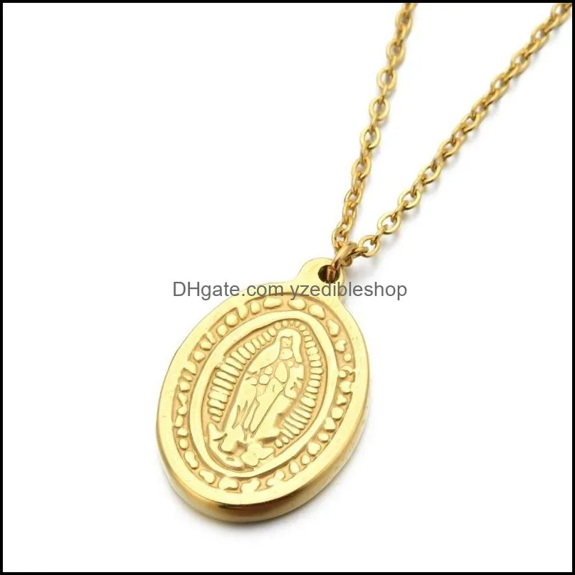 stainless steel christian jesus madonna pendant necklace gold disc necklaces women men fashion jewelry chains