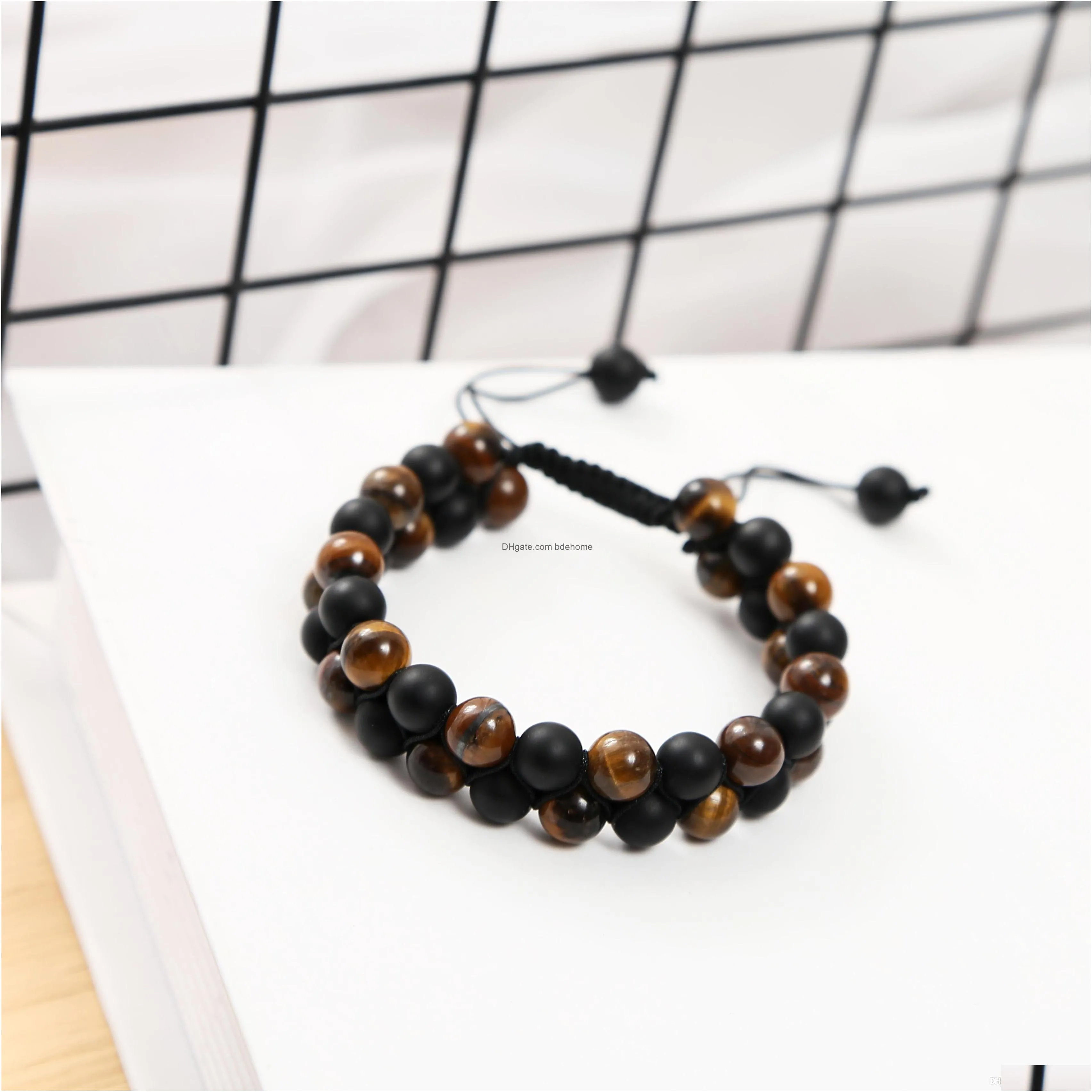 double woven beaded bracelet men and women 8mm tiger eye lava rock double beads elastic natural stone agate bracelet gift bag