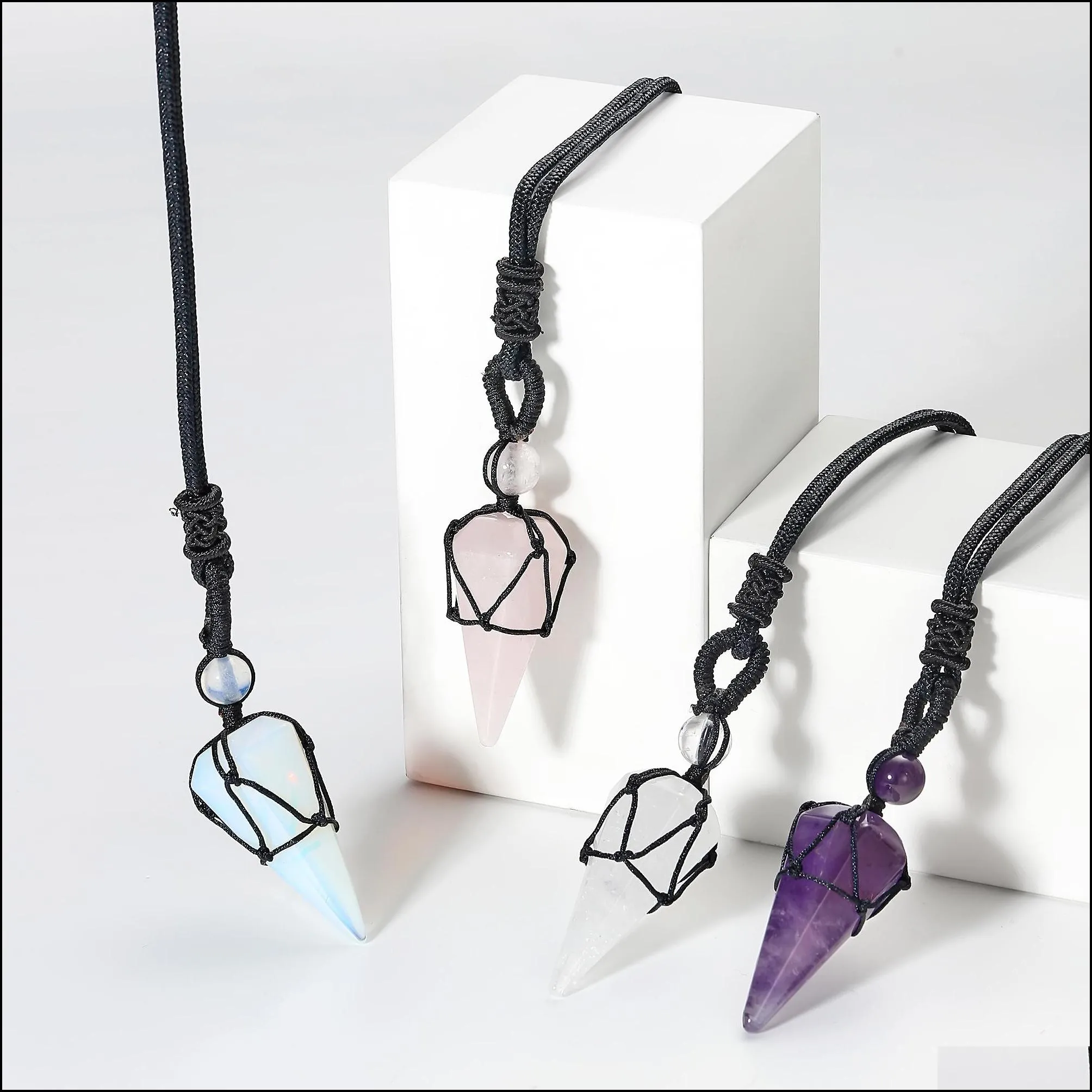 long chain hexagonal point pendants healing quartz crystal dowsing pendulums reiki chakra yoga necklaces cord adjustable for women men