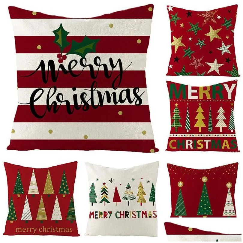 cushion/decorative pillow christmas tree red stripe pattern 45 45cm linen throw cushion cover xmas home sofa decorative pillowcase funda