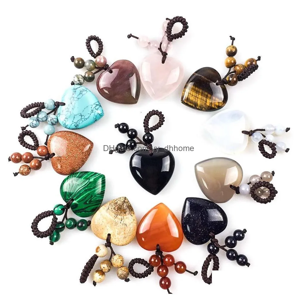 key rings natural crystal heart love stone keychain 7 chakra reki healing gemstone beads tassel keyring for women