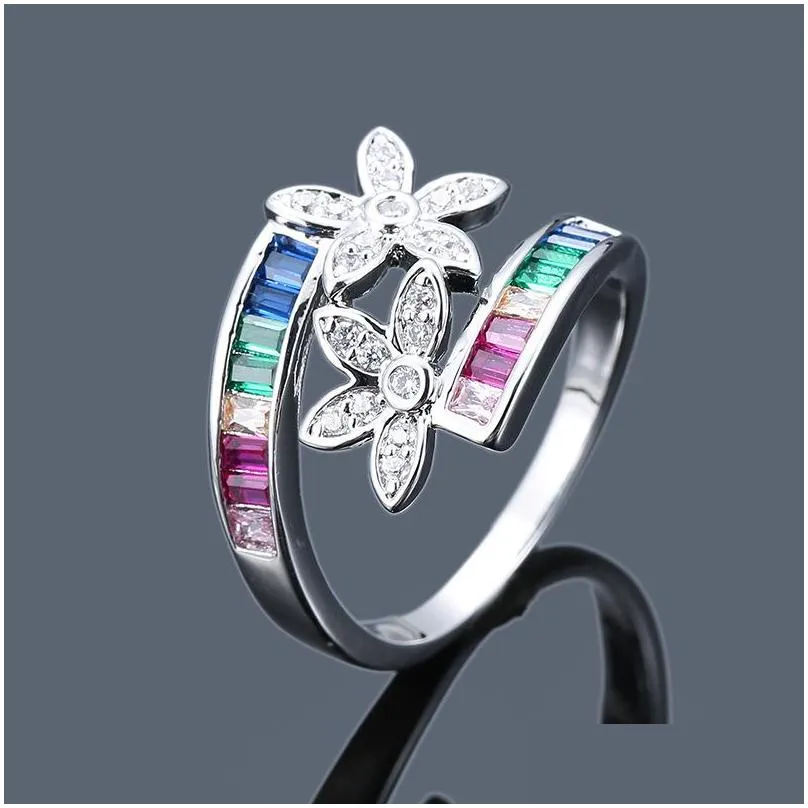 design rainbow flower cz ring women wedding gift gold color leaves austrian zircon fashion crystal rings jewelry wholesale